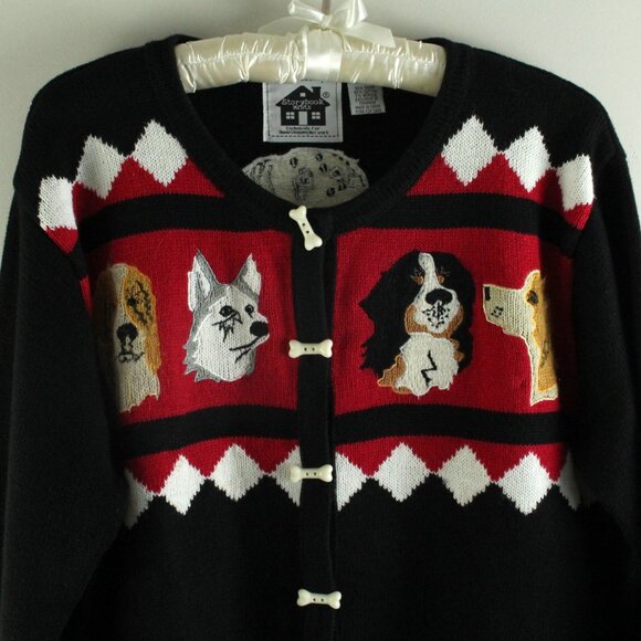 Storybook Knits Diamond Dogs Black Red Pooch Pup Bone Button Sweater Cardigan L - Picture 2 of 8